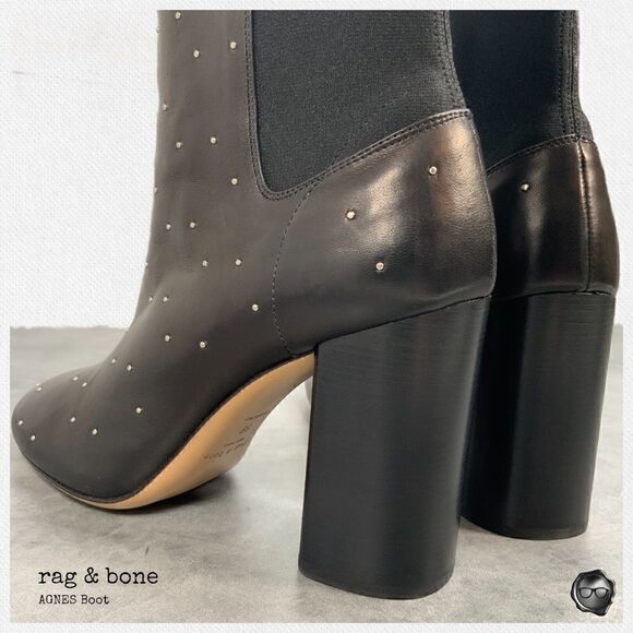 RAG & BONE AGNES STUDDED BLACK LEATHER BOOTS WOMEN’S HIGH HEEL CHELSEA BOOTIES - Picture 6 of 15
